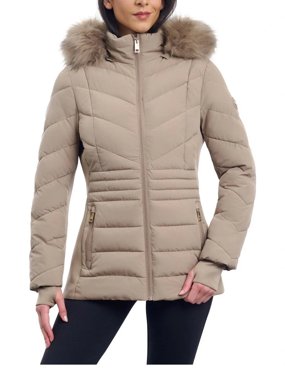 MICHAEL KORS Tan Faux Fur Trim Hood Puffer Jacket w/Belt